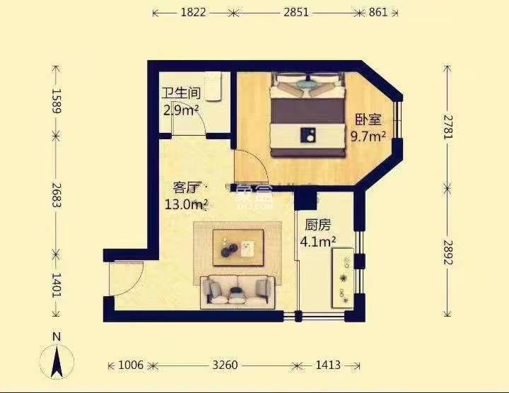 华城国际  1室1厅1卫   2000.00元/月户型图