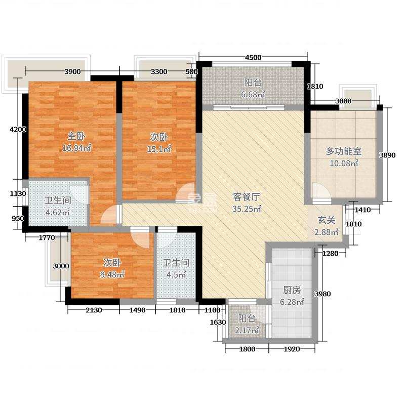 南湖国际3期  3室1厅2卫   3500.00元/月户型图