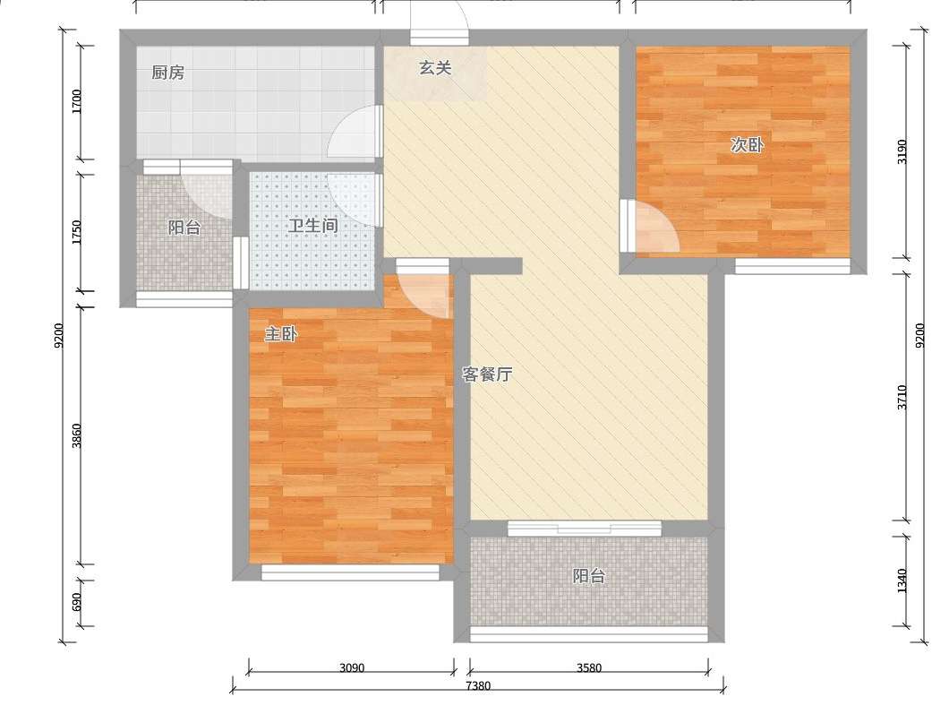 华政龙港汇  2室1厅1卫   2200.00元/月户型图