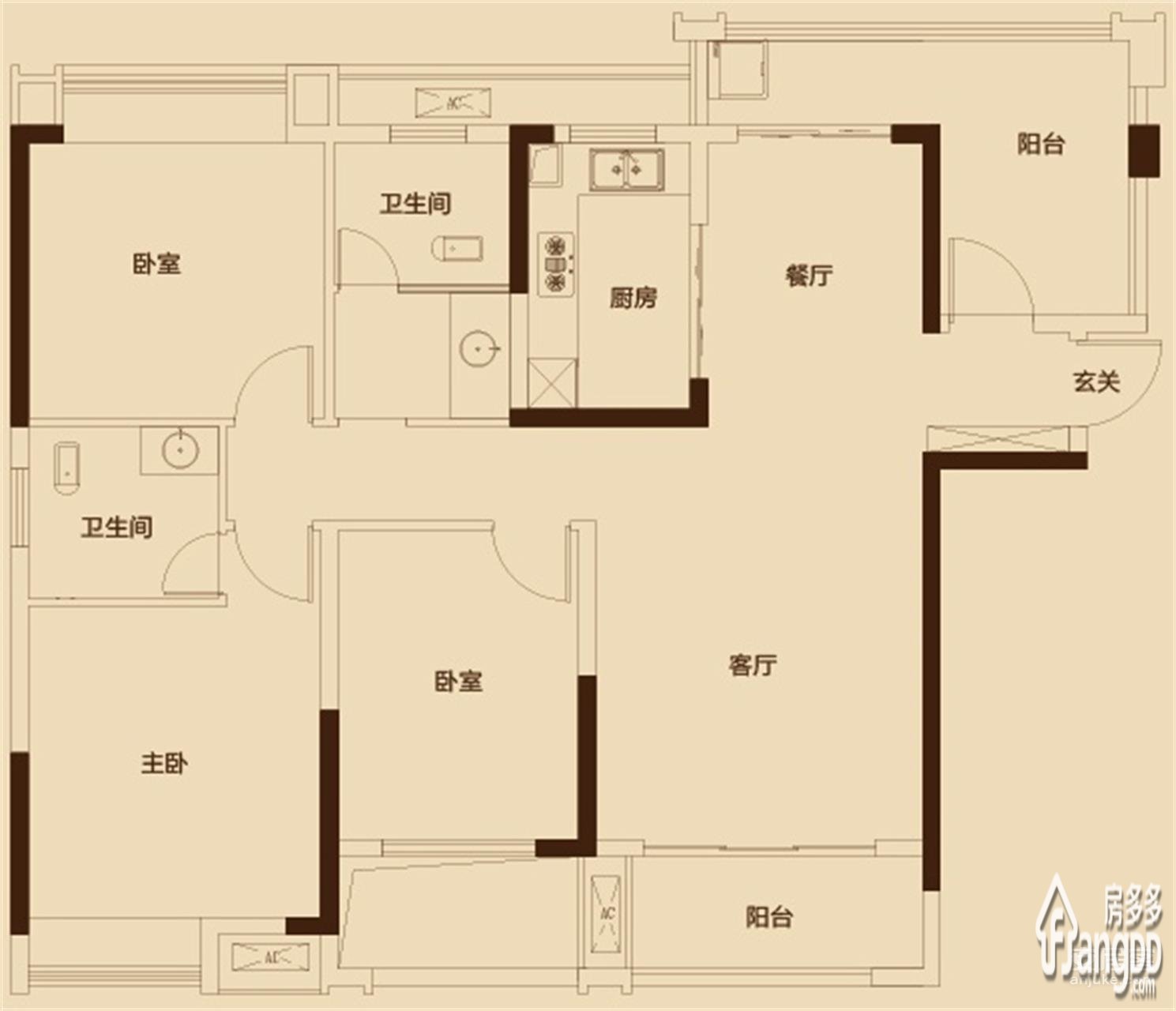 福天华府  3室2厅2卫    98.8万户型图