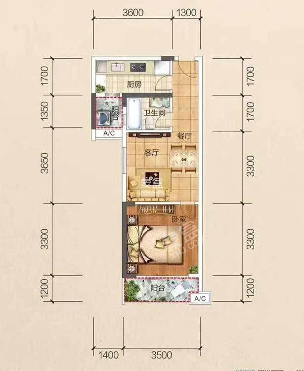 西湖公寓  1室1厅1卫   1300.00元/月户型图