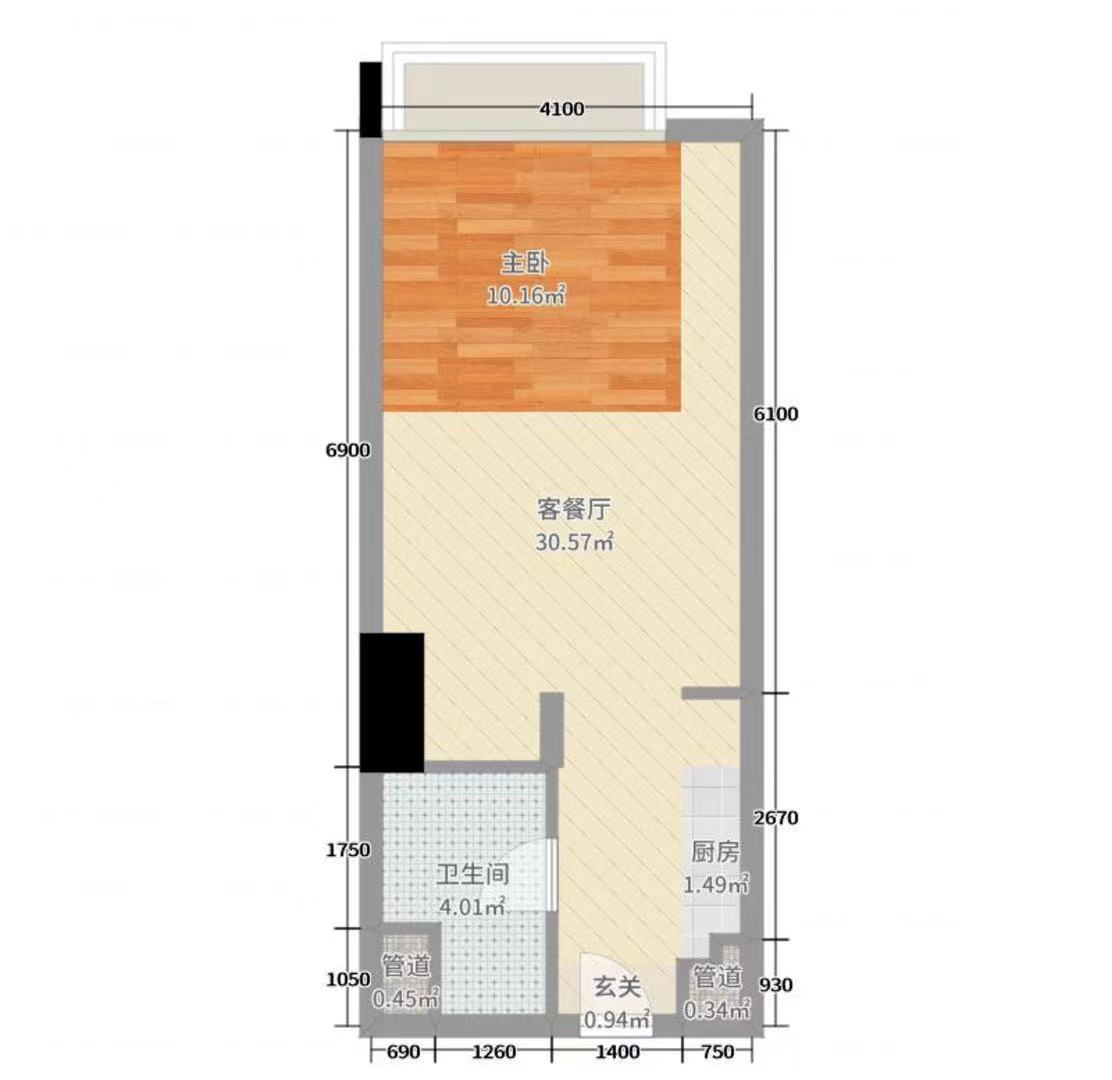 君临新世界  1室1厅1卫   1300.00元/月户型图
