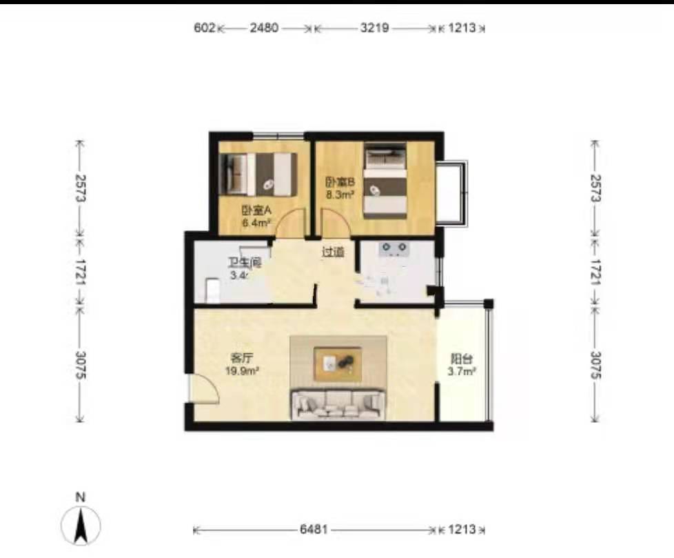 杨家村小区  2室2厅1卫   3000.00元/月户型图