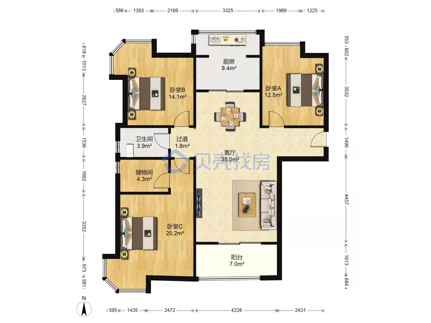 南姜新苑  3室2厅2卫   2800.00元/月户型图