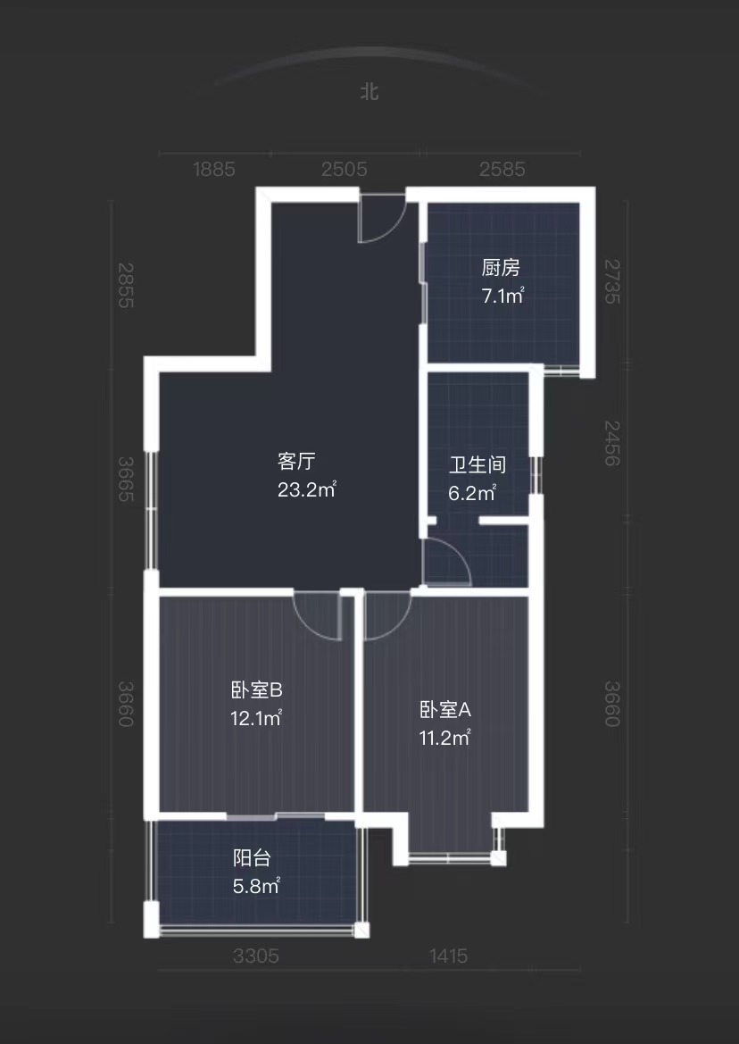 天赐颐府  2室2厅1卫   2400.00元/月户型图