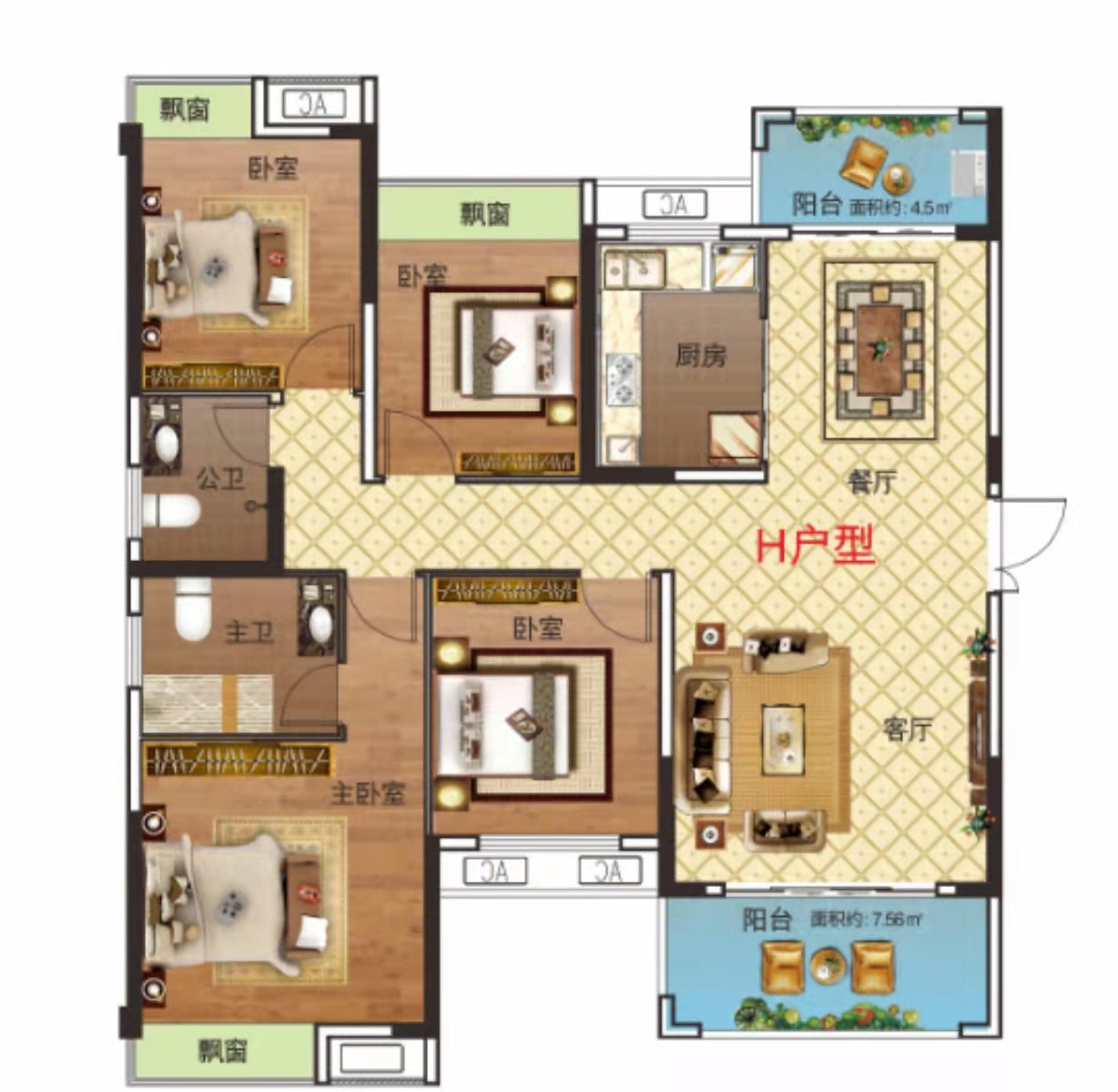 丰盛家园  4室2厅2卫   2200.00元/月户型图
