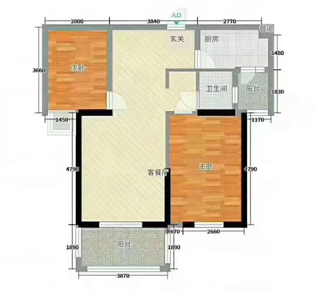 余家冲  2室2厅1卫   1200.00元/月户型图