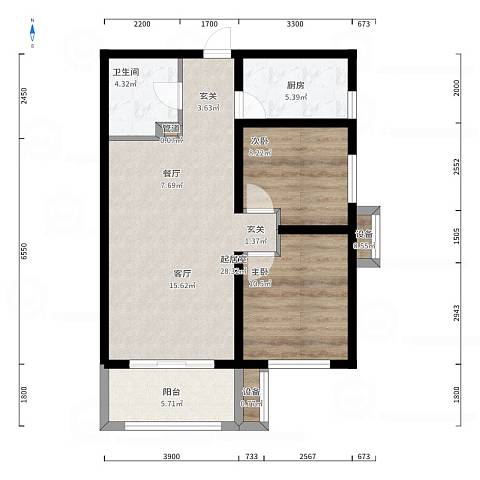 天赐颐府  2室2厅1卫   2300.00元/月户型图