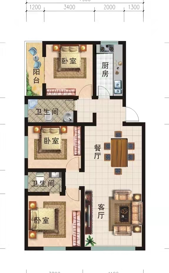 富兴嘉城  2室1厅1卫   1700.00元/月户型图