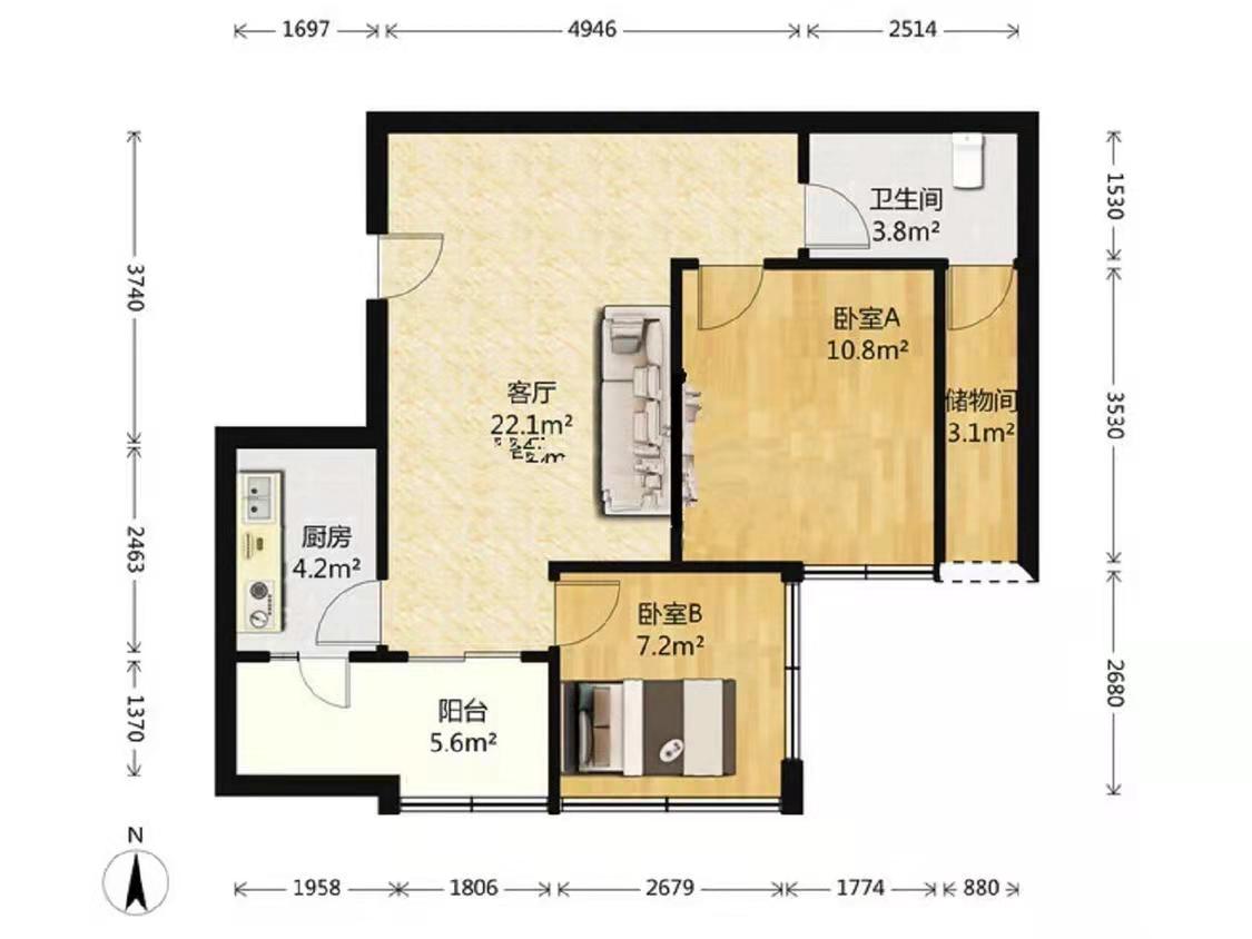 南湖春天  2室2厅1卫   1800.00元/月户型图