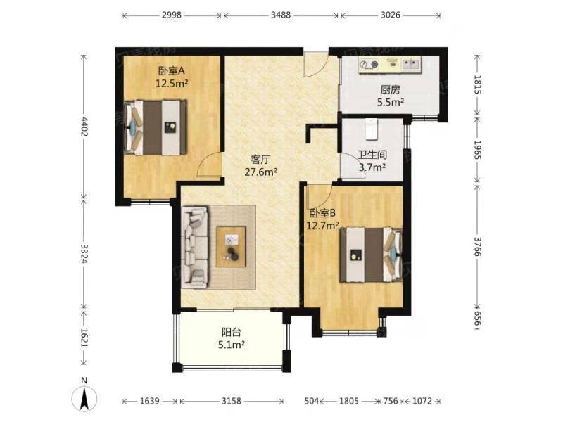 南湖锦苑  2室2厅1卫   1900.00元/月户型图