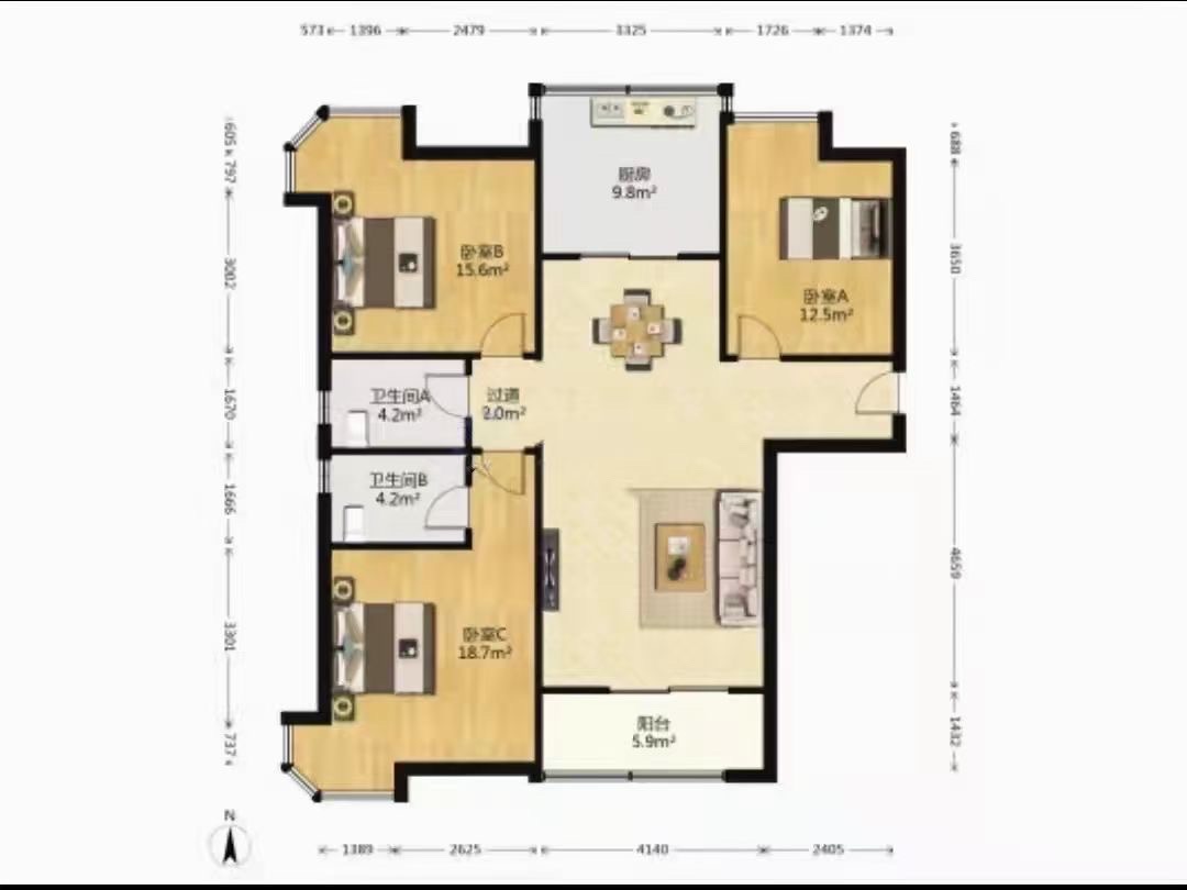 长丰园小区（一二三期）  3室2厅2卫   3600.00元/月户型图