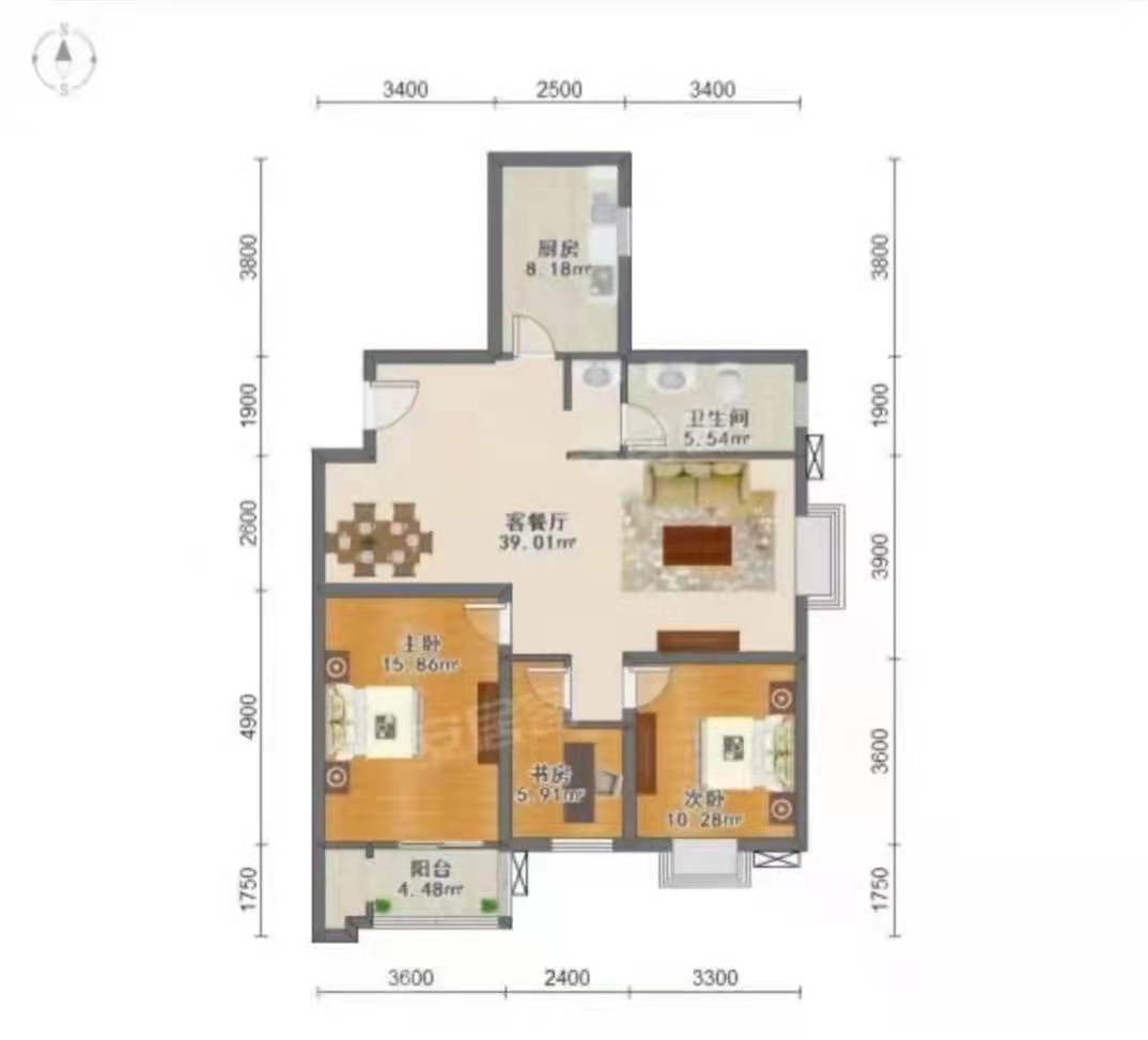 华城国际  2室2厅1卫   2800.00元/月户型图