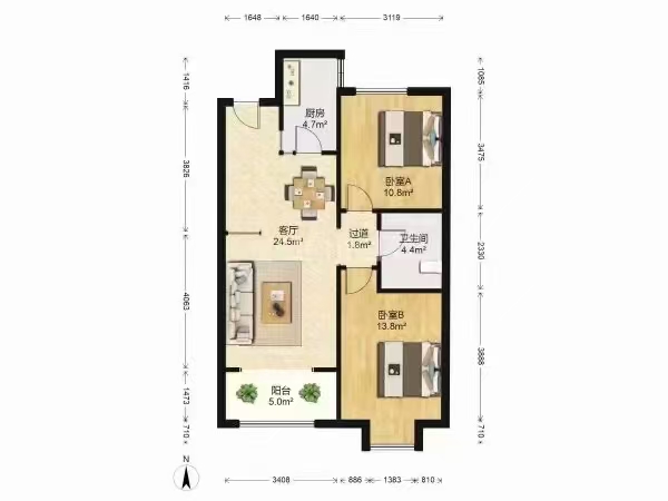 中环国际城  2室2厅1卫   2300.00元/月户型图