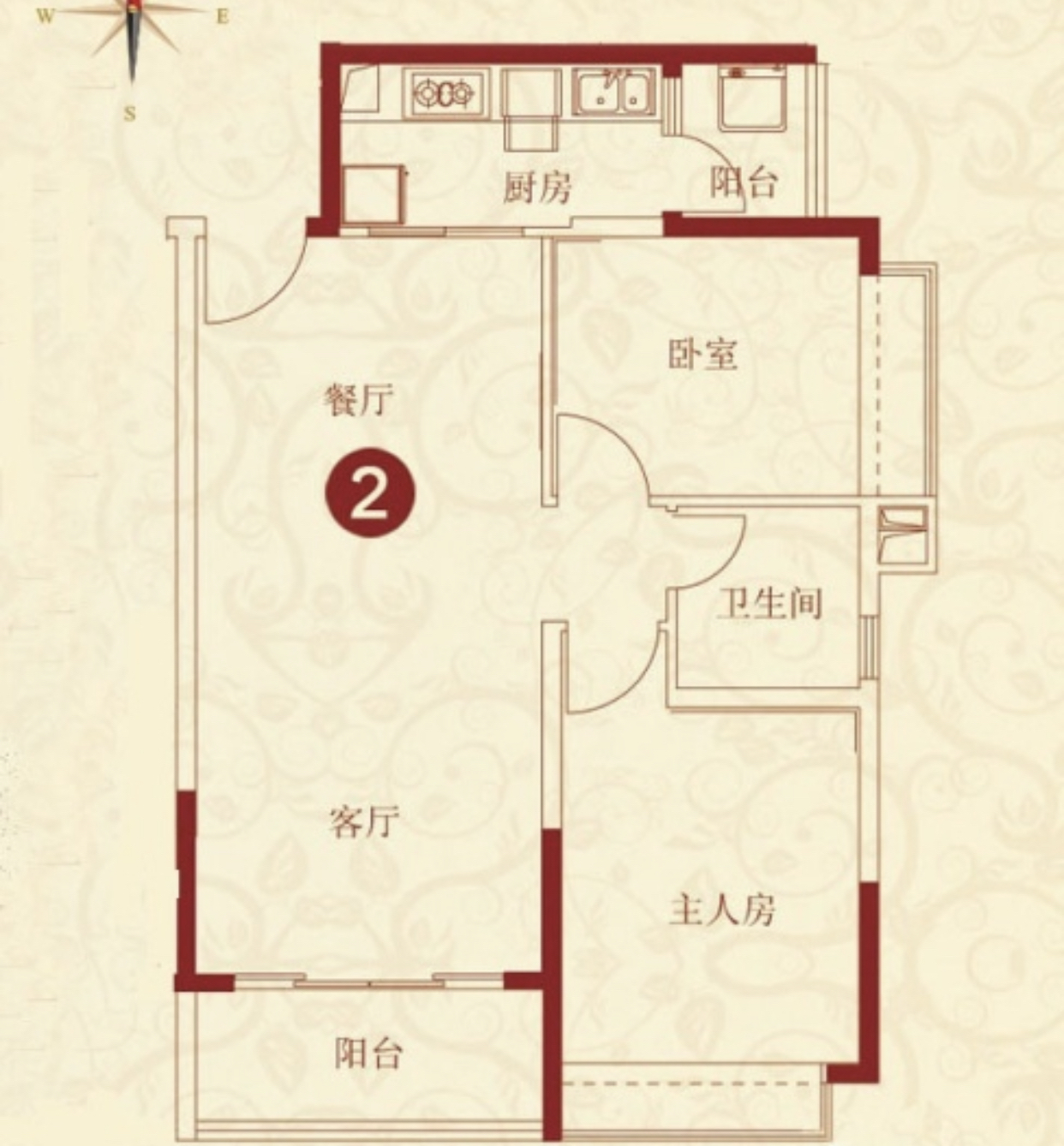 缤纷年华  2室2厅1卫   1800.00元/月户型图