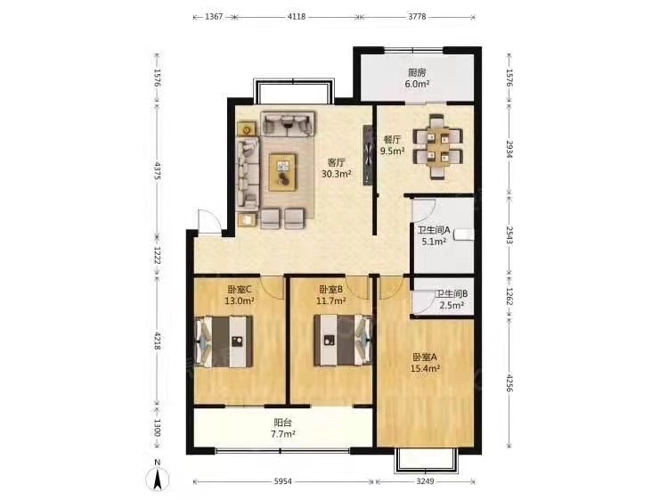 省直机关三爻小区  3室2厅1卫   3000.00元/月户型图