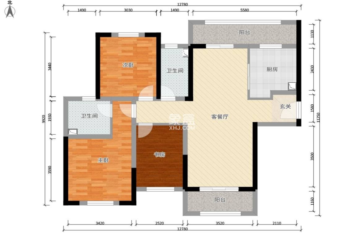 中海凯旋门 3室2厅2卫 4700.00元/月 中海凯旋门 3室2厅2卫 4700.00元/月户型图