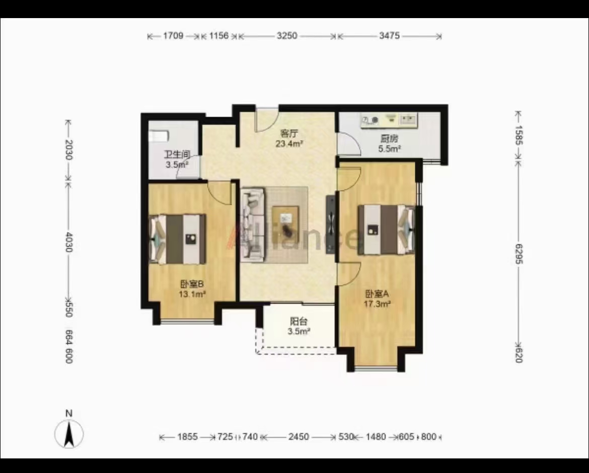 南姜新苑  2室1厅1卫   2000.00元/月户型图