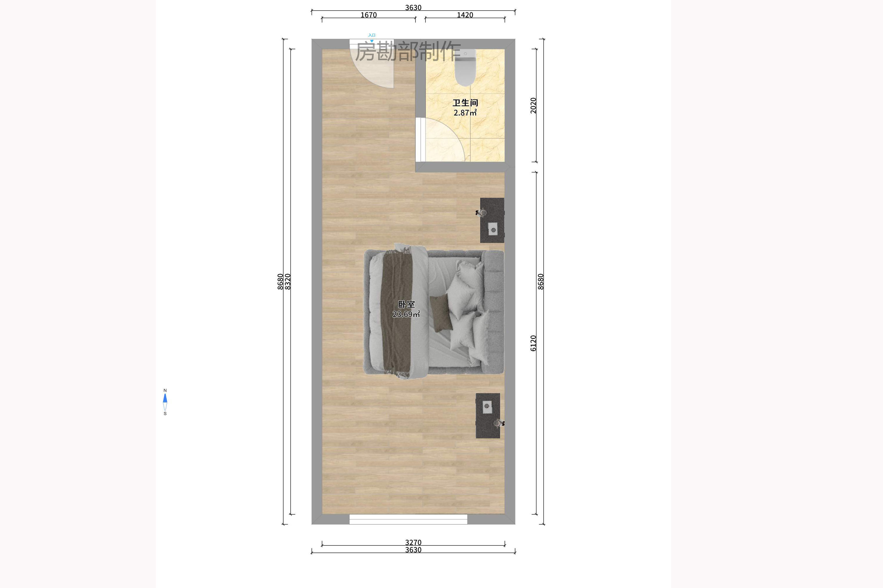 华润置地广场二期 2室1厅1卫 1700.0元/月 华润置地广场二期 2室1厅1卫 1700.0元/月户型图