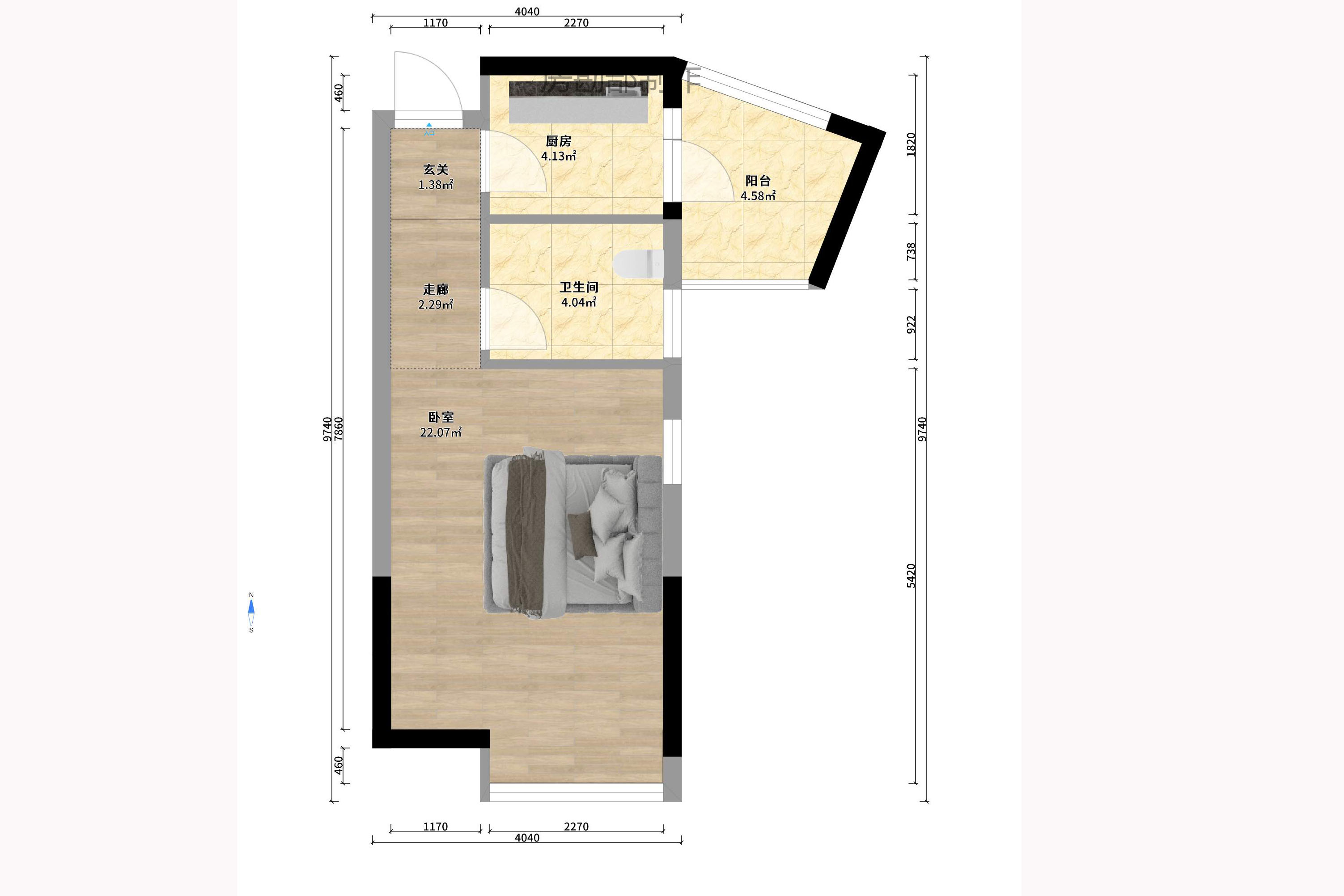 新城新世界一二三期  2室1厅1卫   1800.00元/月户型图