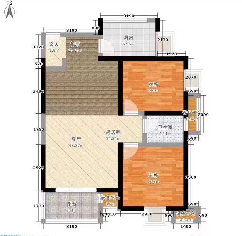 华城国际  2室2厅1卫   2800.00元/月户型图