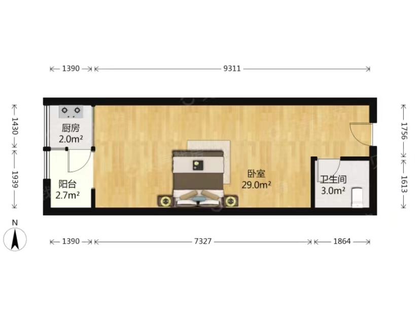 华城泊郡  1室0厅1卫   1600.00元/月户型图