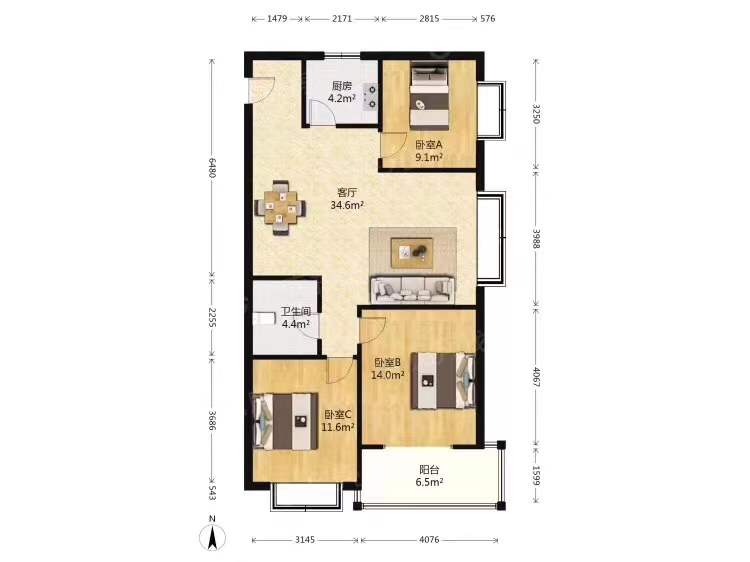 华城万象  3室2厅1卫   3300.00元/月户型图