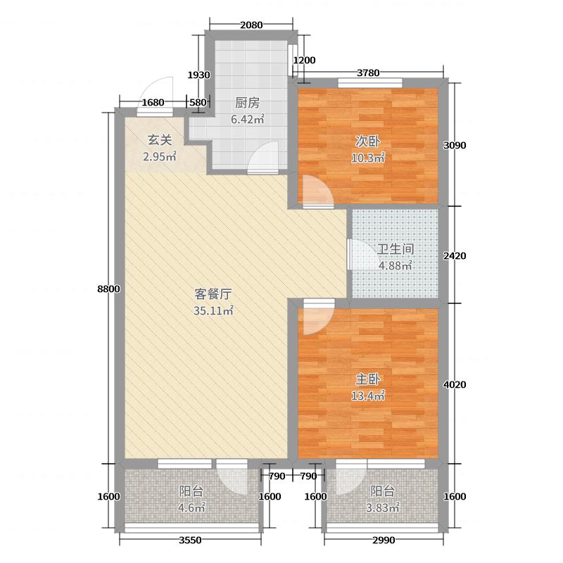 南湖春天  2室1厅1卫   2200.00元/月户型图