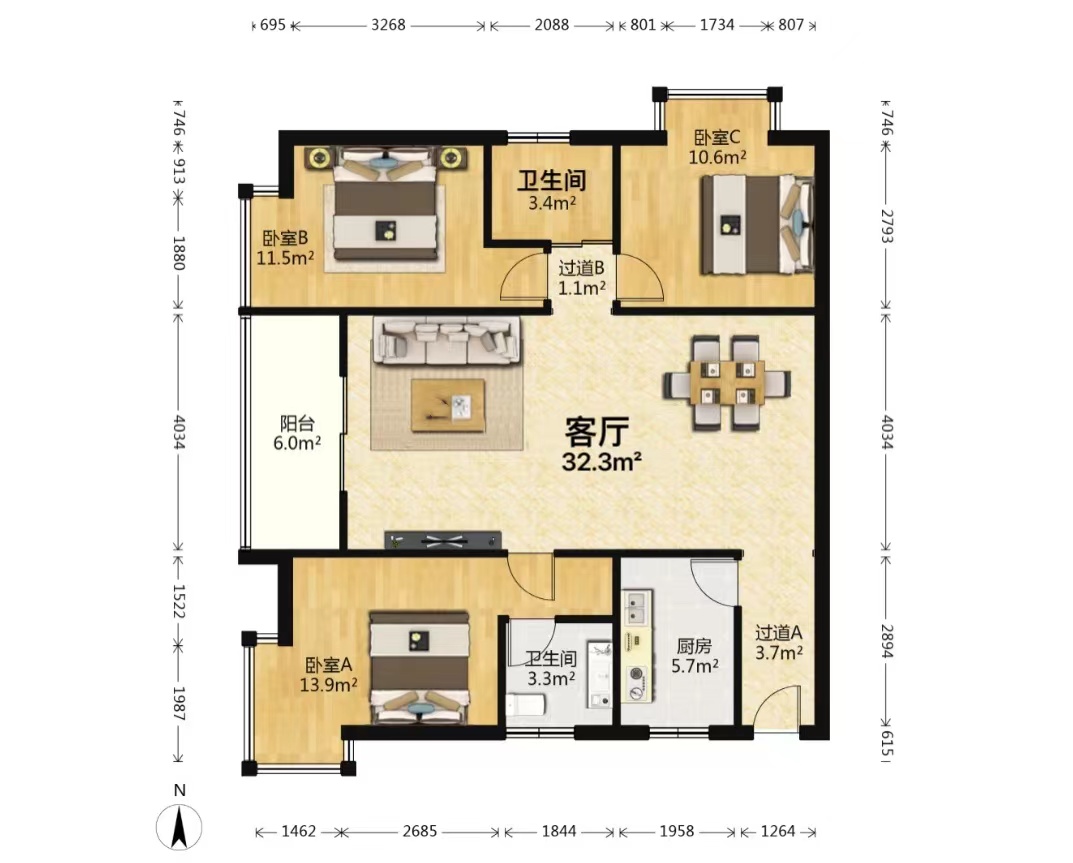 华城万象  3室2厅1卫   3100.00元/月户型图