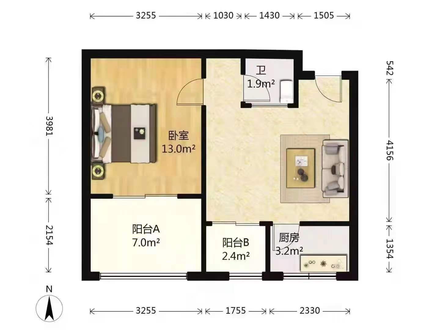 长丰园小区（一二三期）  1室1厅1卫   2100.00元/月户型图