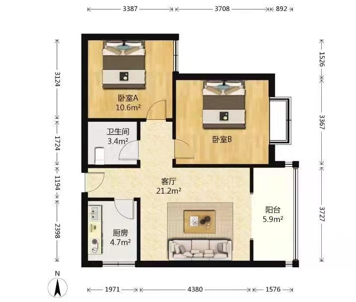 明德广厦  2室2厅1卫   2400.00元/月户型图