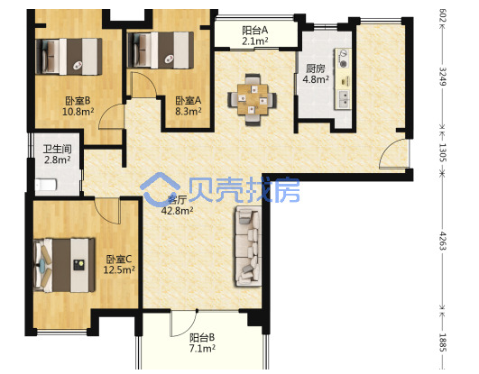 当代国际城  3室2厅1卫   208.00万户型图