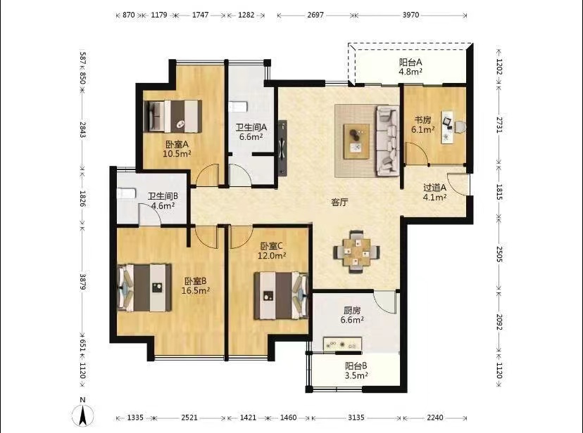 龙湖紫宸  3室2厅2卫   4000.00元/月户型图