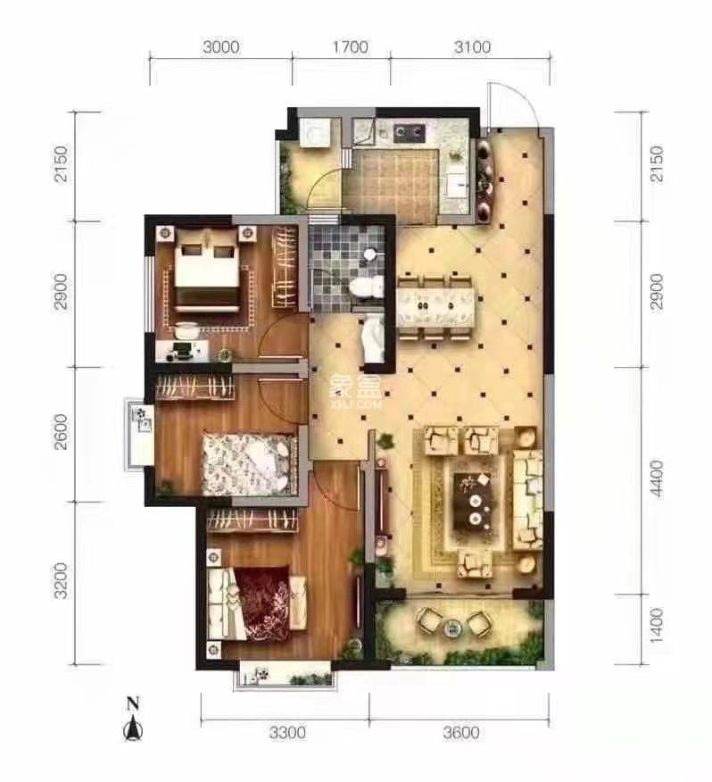 隆源国际城二期  3室2厅1卫   2000.00元/月户型图