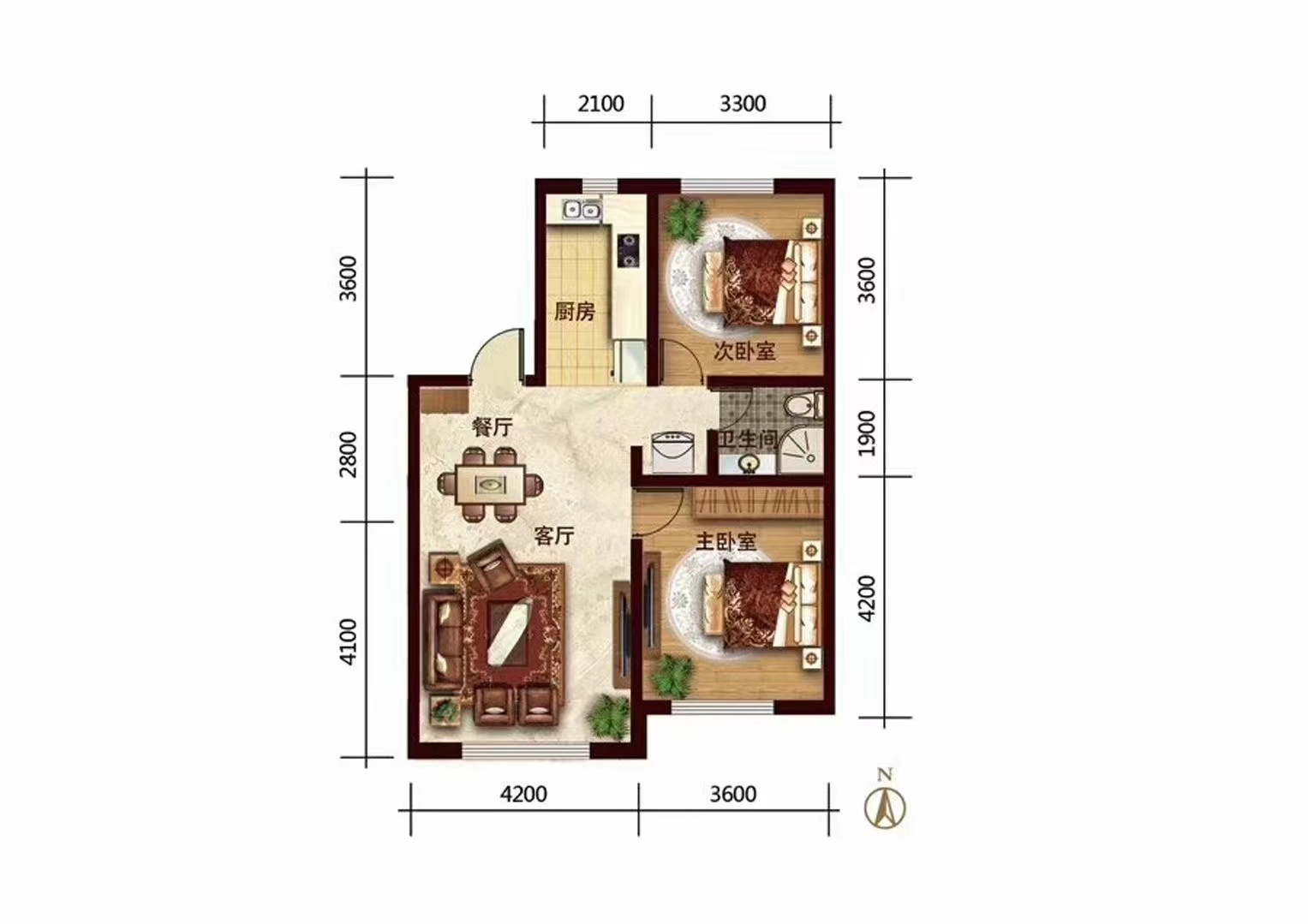 山水新城  2室2厅1卫   2000.00元/月户型图