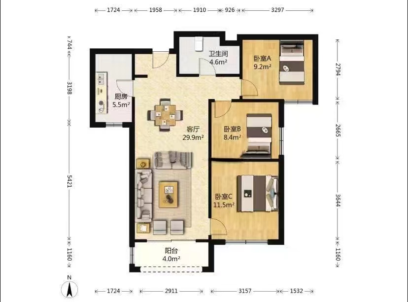 龙湖紫宸  3室2厅1卫   3100.00元/月户型图