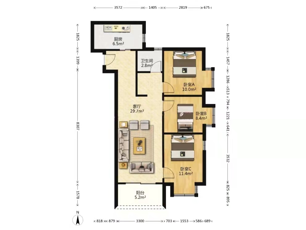 中铁建万科翡翠  3室2厅1卫   3200.00元/月户型图