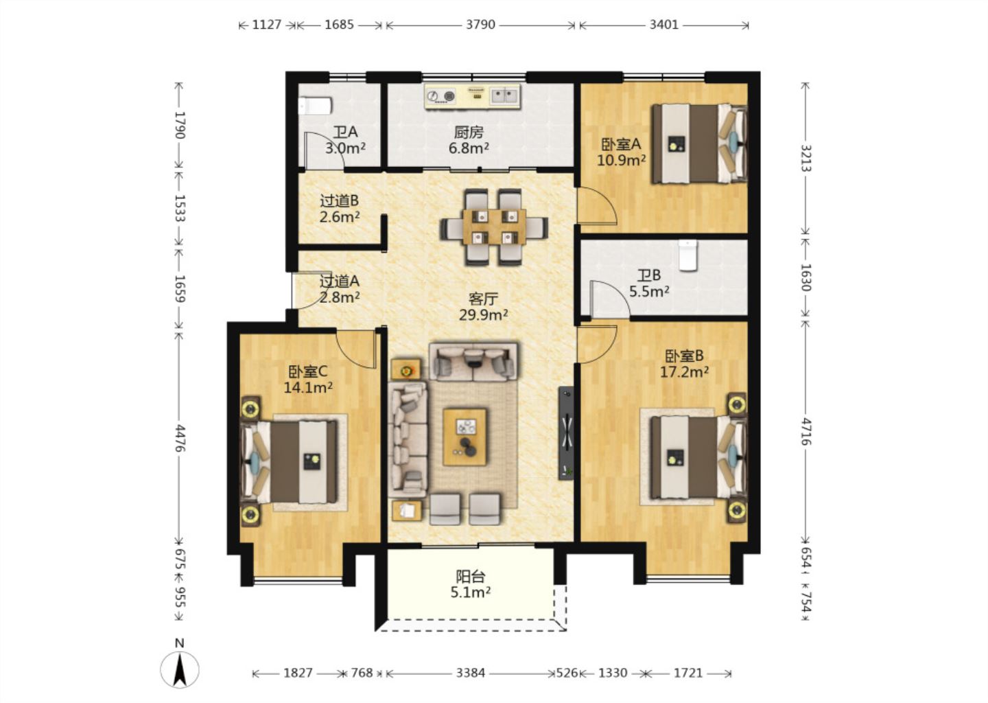 万科城市之光南区  3室2厅2卫   326.00万户型图