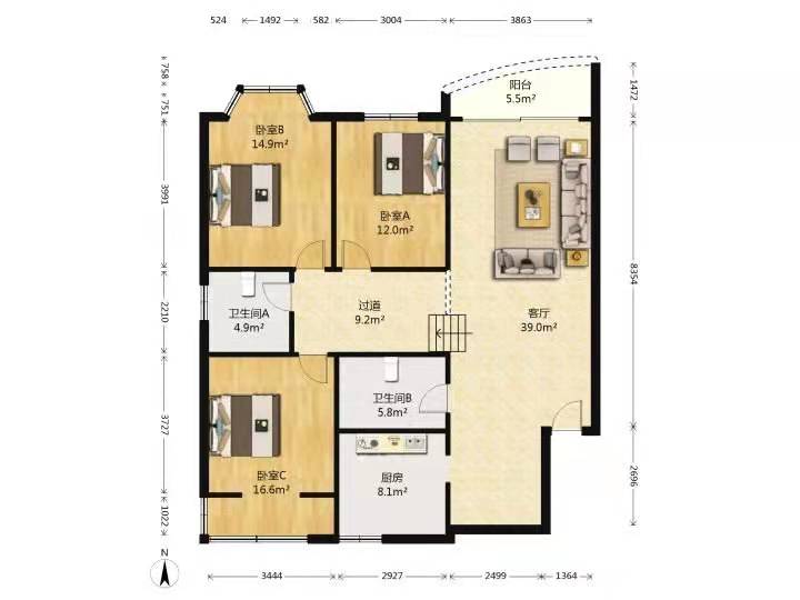 晓园嘉苑  3室2厅1卫   1500.00元/月户型图