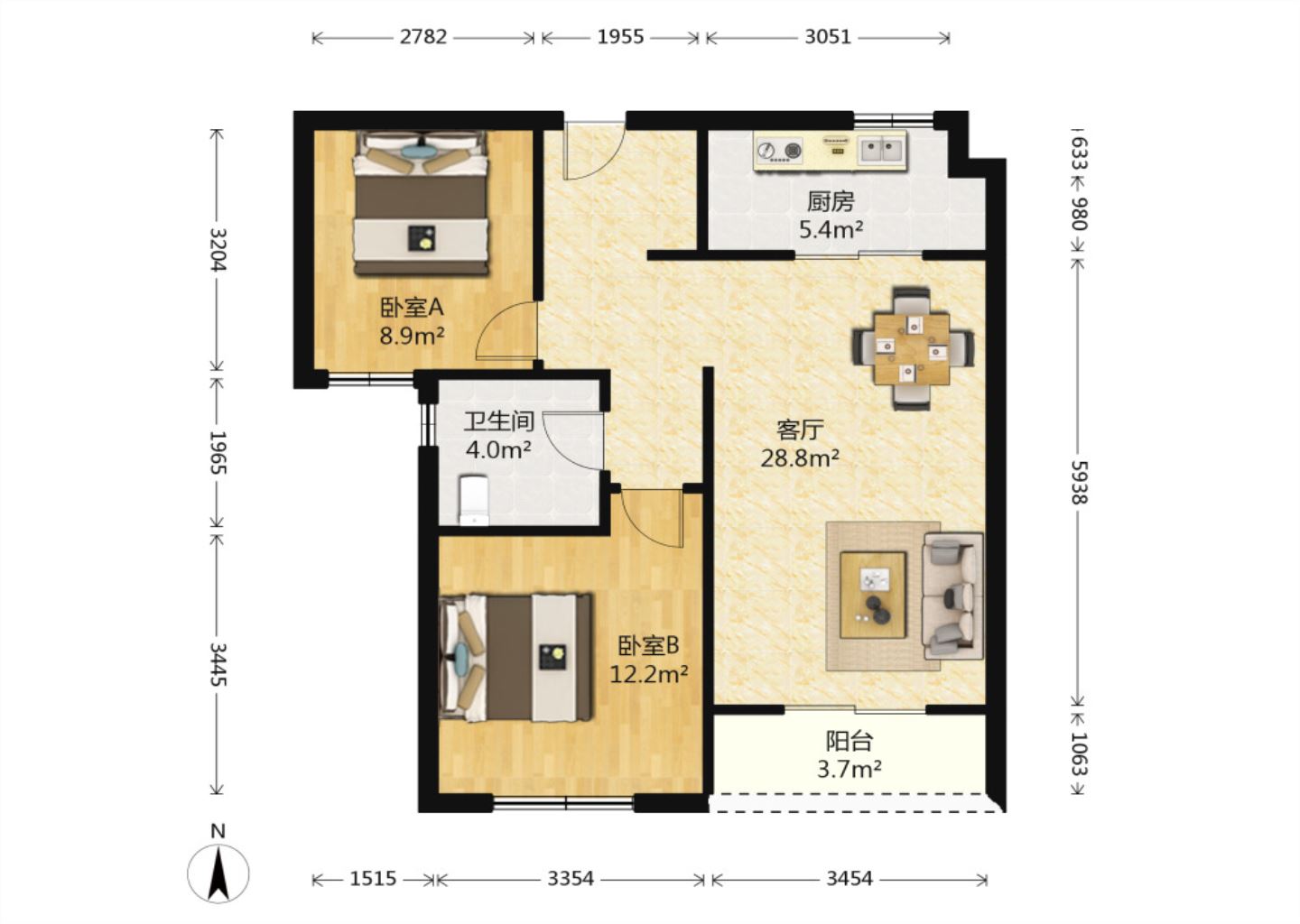 中海凯旋门  2室2厅1卫   210.00万户型图