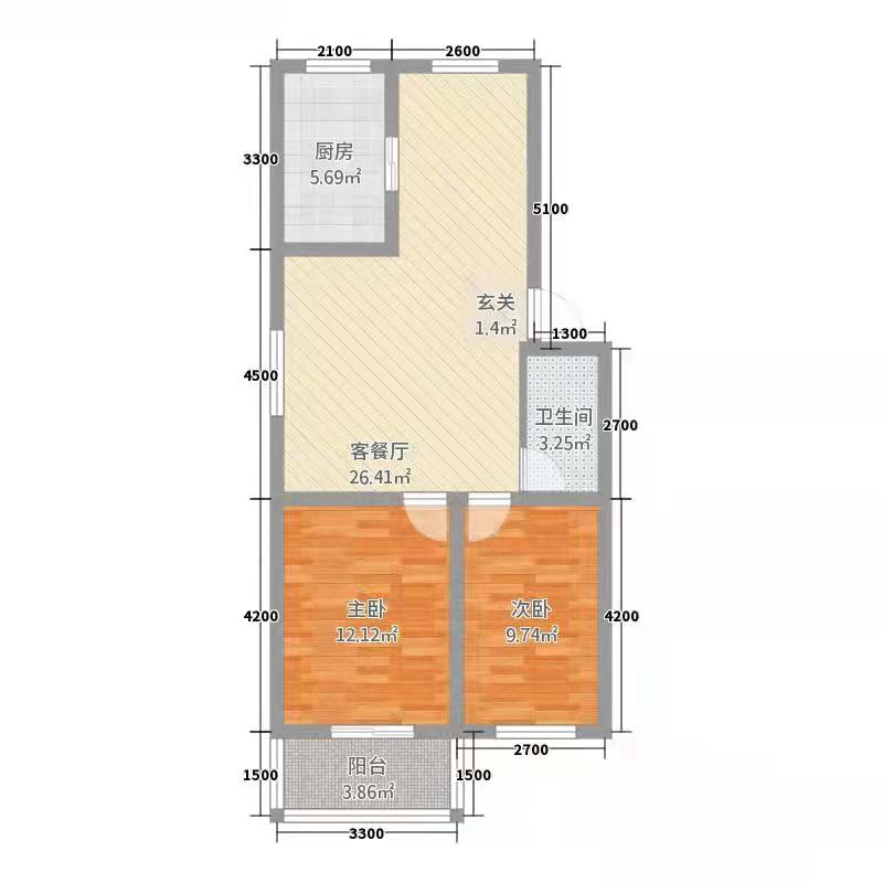 国富小区  2室1厅1卫   1500.00元/月户型图