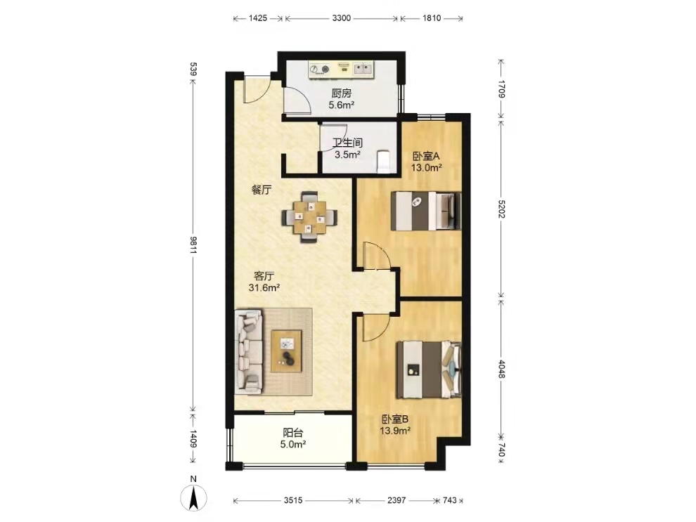 中铁建万科翡翠  2室2厅1卫   3300.00元/月户型图