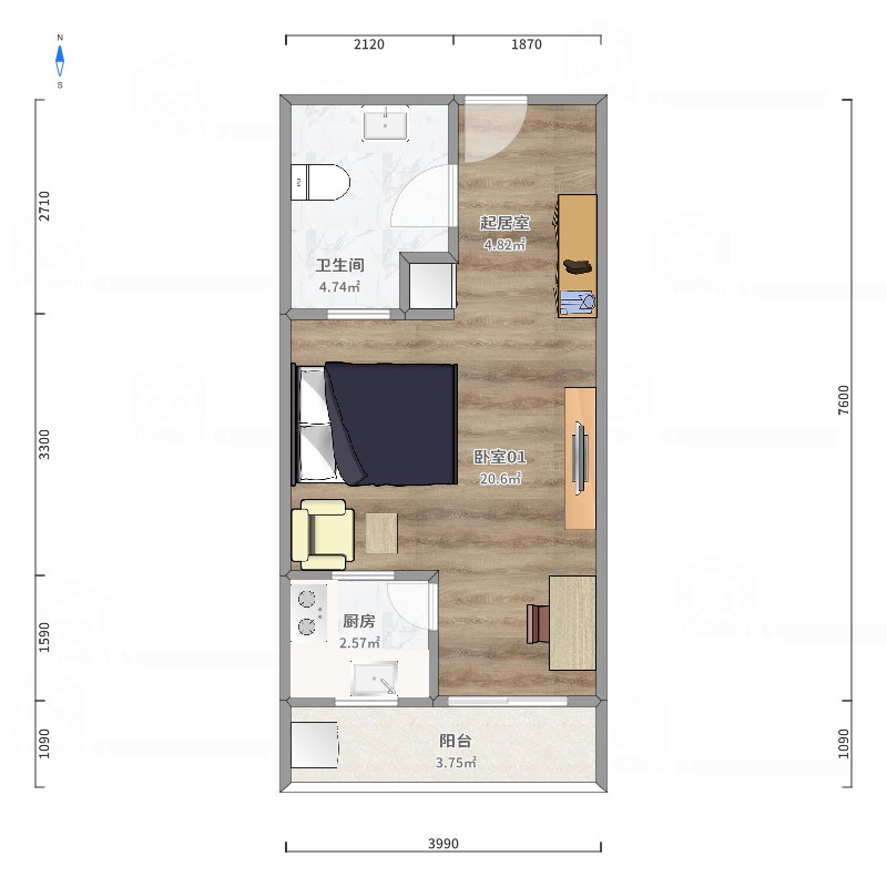 南湖锦苑 1室1厅1卫 1700.0元/月 南湖锦苑 1室1厅1卫 1700.0元/月户型图