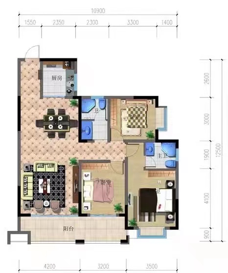 富兴康城兴悦花园  4室2厅2卫   2300.00元/月户型图