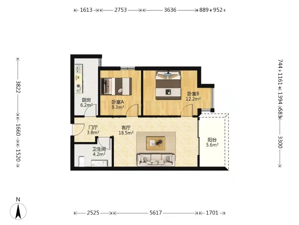 中铁建万科翡翠  2室2厅1卫   2850.00元/月户型图