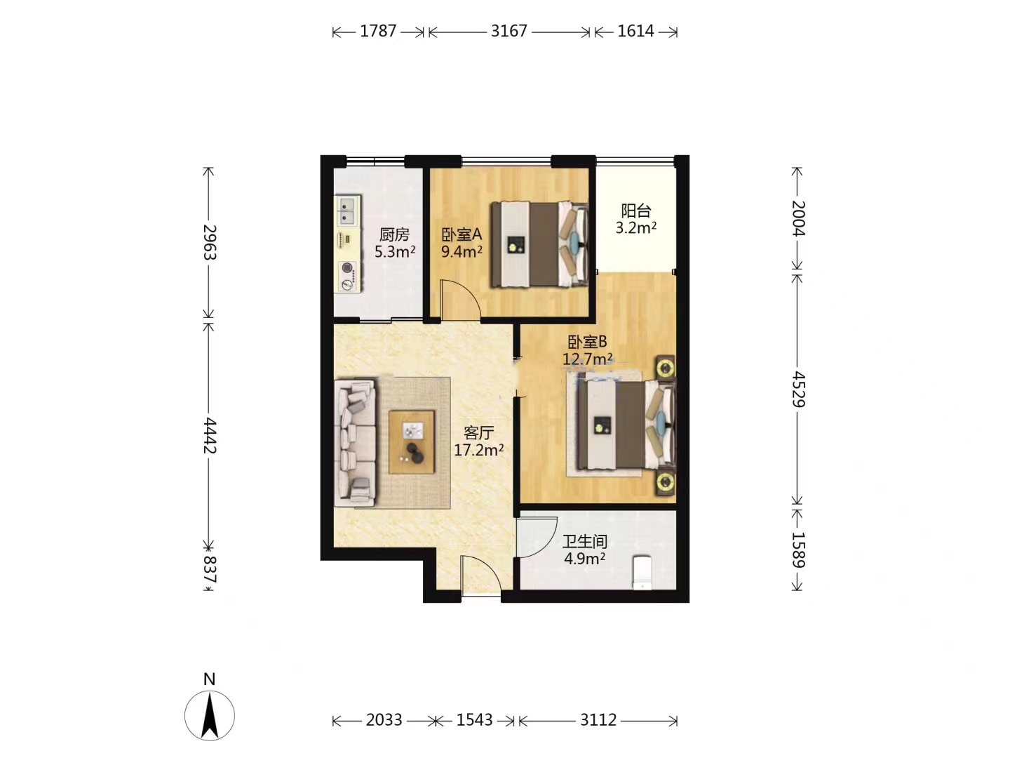 江林新城  2室2厅1卫   2100.00元/月户型图