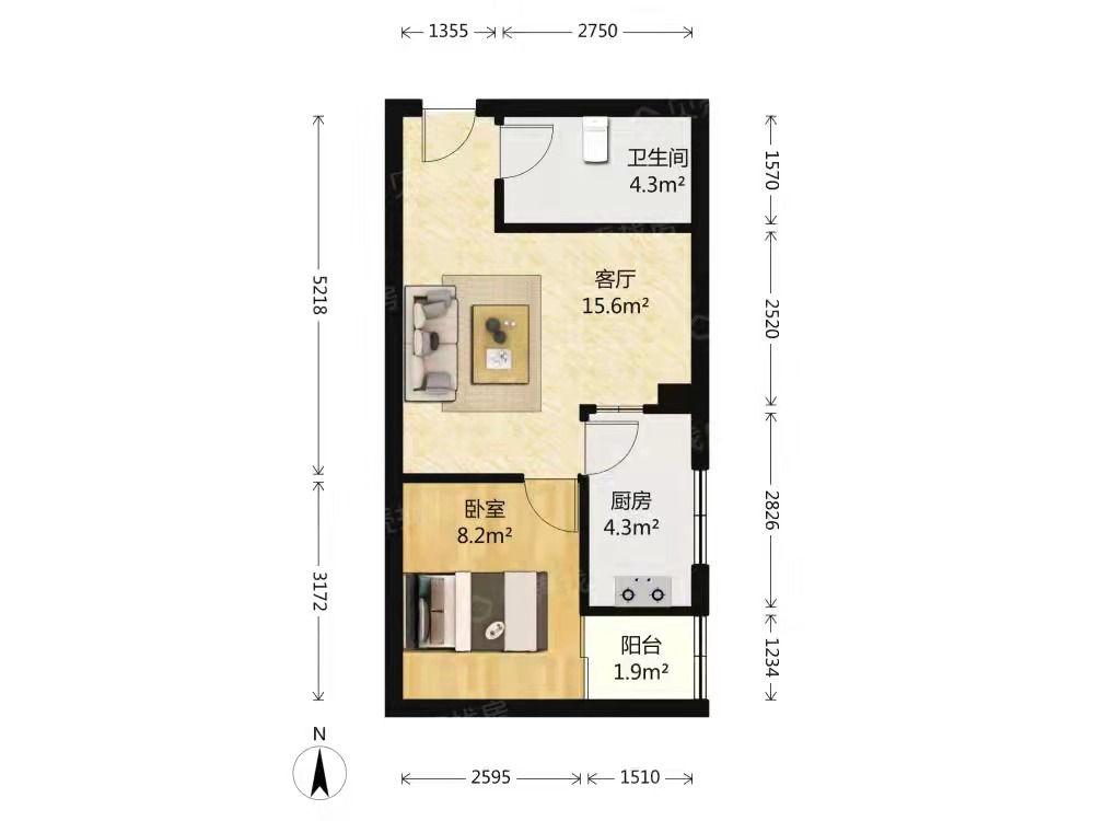 羊舞岭小区  1室1厅1卫   800.00元/月户型图