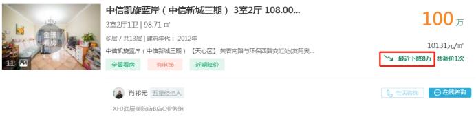 9月27日长沙二手房急售：中信凯旋蓝岸小三房直降8万！