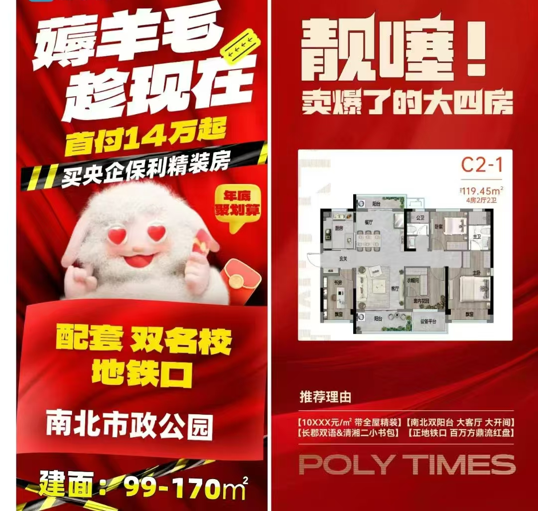 2024年長沙開福銷冠長沙北中心保利時代，9字頭毛坯價買精裝雙書包房！