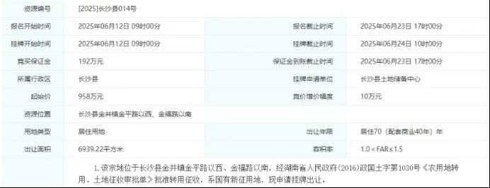 起始总价约2.5亿元！长沙县再挂牌3宗住宅用地！